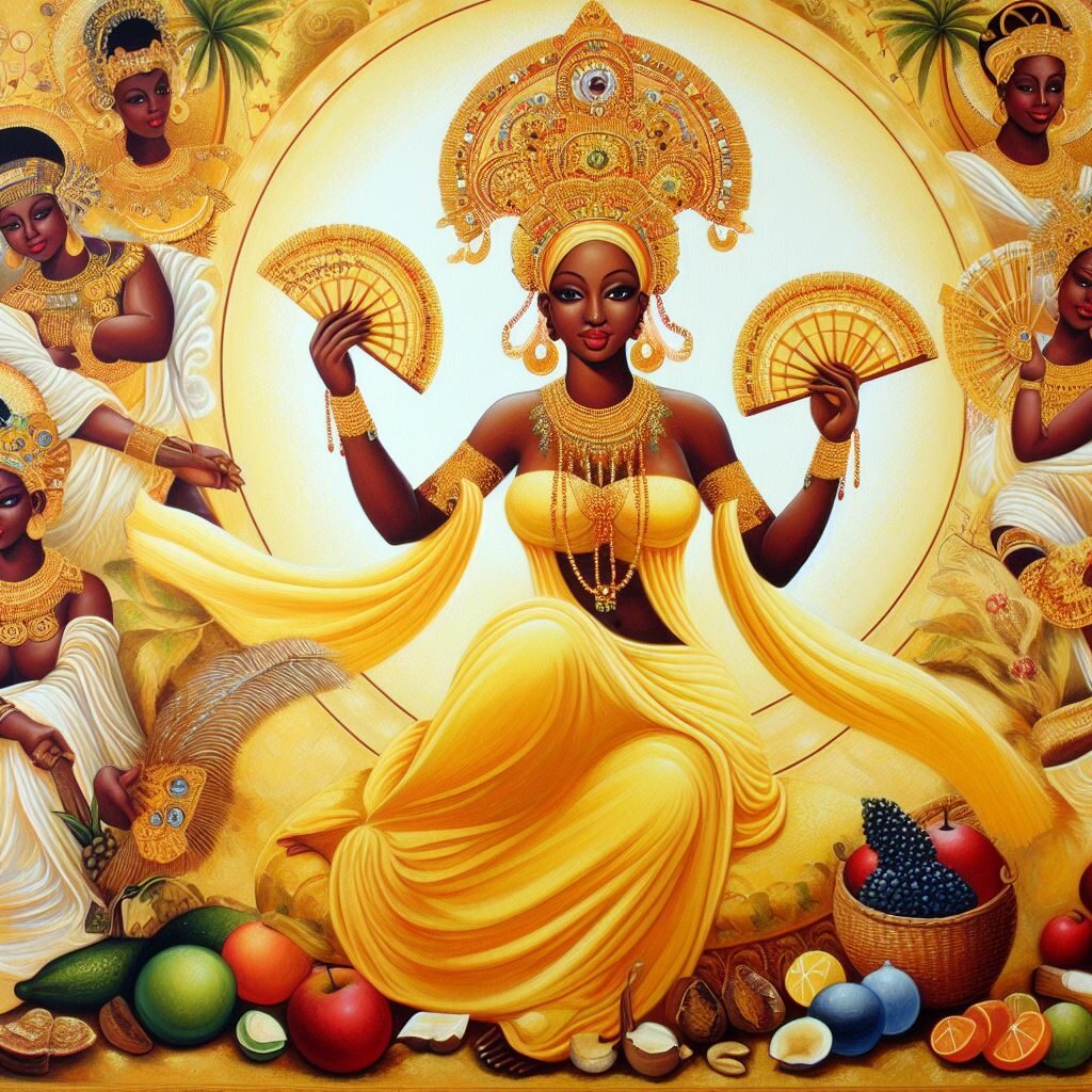 Oshun holding two fans surrounded by Yoruba people